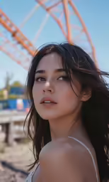 a young woman with long dark hair and a white top stares to her left