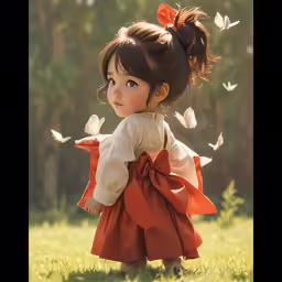 young girl in red dress with flying butterflies