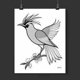 a black and white illustration with birds on it,an art print with a bird perched on top of a branch