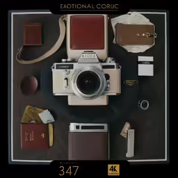an old fashioned camera and wallet, with other things around it