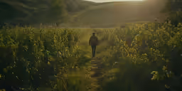 a man walking in the sun on a trail
