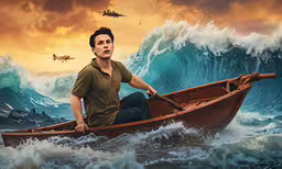 a man on a boat with a helicopter above the ocean waves,a man is riding in a boat through the ocean