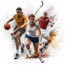 three people are playing a sport with the words paint splattered behind them