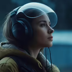 a woman with headphones sitting in front of her