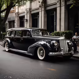 an old black car is parked on the side of the street