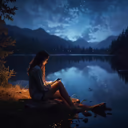 a girl is sitting by the lake at night