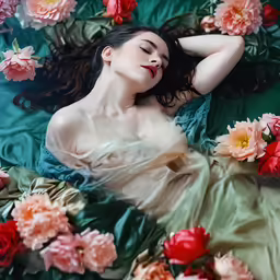 a woman in a dress lies down on some flowers