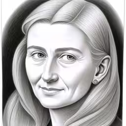 a pencil drawing of a smiling woman,a drawing of an old woman with long blonde hair,a drawing of a person wearing black clothing,a black and white portrait of a woman,this is a drawing of the famous woman