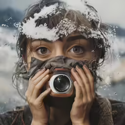 a woman looking through the lens of her camera