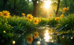 daisies grow in the sun at sunset or near water