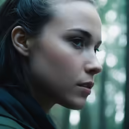 an attractive young woman in the forest with her eyes closed