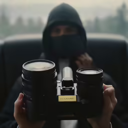 a man holding two cameras and one person in a car