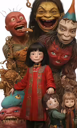 a woman and children standing next to a group of fake scary faces