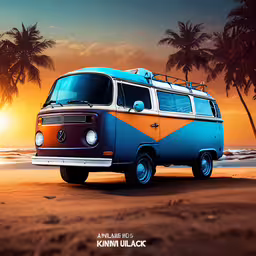 the vw bus is parked on the beach in front of palm trees,an image of a van parked on the beach