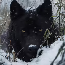 a black dog is peering into the camera