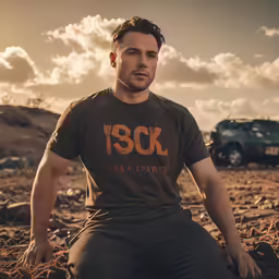 a man sitting on rocks with a truck in the background
