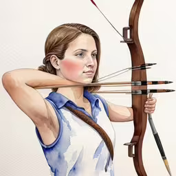 a portrait of a woman with a bow and arrow,the painting shows a woman aiming at an arrow