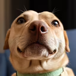 a yellow dog looking up with his eyes wide open