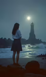 woman on beach facing light tower at night