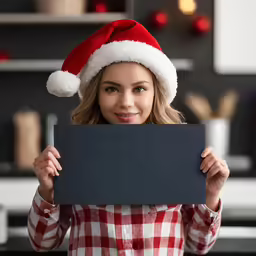 a girl in a santa hat is holding up a blank sign