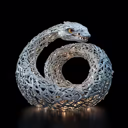 an artistic light sculpture sitting on a reflective surface