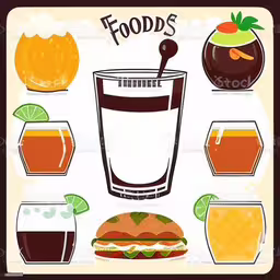 various types of alcoholic food, including fruit and beverages,the illustrations on a poster showing different drinks,drinks and food items with words in the middle of them royalty,various food is shown and drinks are arranged around them,a variety of foods and beverages