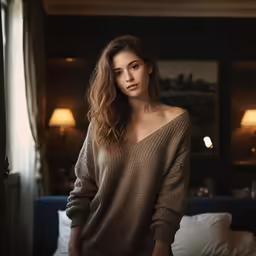 a young woman in a brown sweater in front of a window
