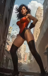 a woman in red and black in an alleyway