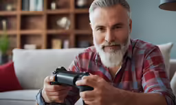 a man with a white beard is holding a controller