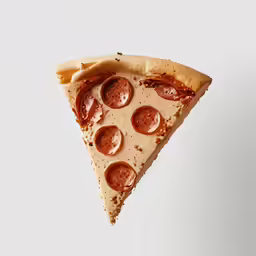 a piece of pizza hanging from a chain