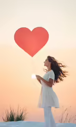 a woman in white standing with a heart shaped balloon