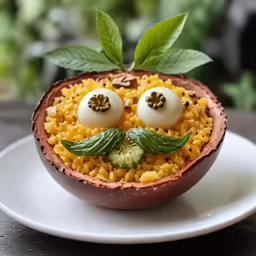 an unusual dish with two small eyes in it