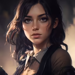a girl in a dress looks towards the camera