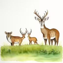 the four deer are standing in the green grass
