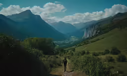a hiker walks down a trail near mountains