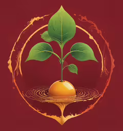 the painting shows a plant with green leaves on top,a small orange plant growing inside a circle