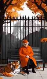 a person in an orange outfit sitting on a bench with a tiger