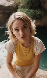 the girl in the yellow top is standing near the water