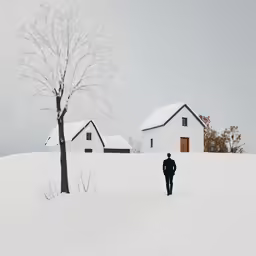 a lone man stands in the snow in front of two small homes