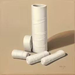white fabric rolls and some white paper towels,a bunch of paper rolls next to one another,a painting of rolled up white paper with rolls,three rolls of white paper are on the table,an oil painting of white tubes and rolls of yarn