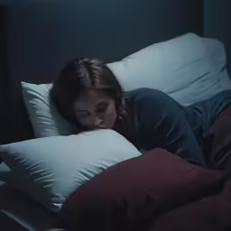 a young woman sleeps in bed with a bunch of pillows