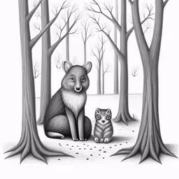 two foxes sitting next to each other in the woods