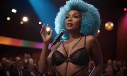 a woman in lingerie holding a microphone