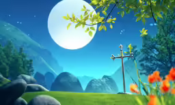 the cross stands on a hill overlooking the forest and moon