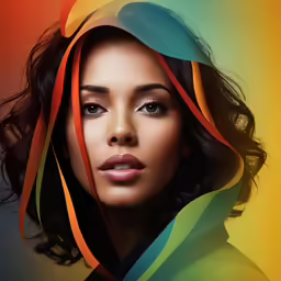a woman with her hair blowing in the wind with colorful ribbons around her face