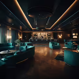 a modern style lounge area with a bar and two sofas