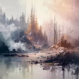 a group of birds flying over a small lake