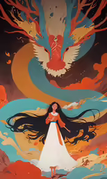 an illustration of a woman holding a bird on top of clouds