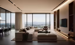 this modern living room features a large sectional couch and glass wall