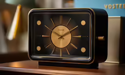 a black clock with two buttons and a yellow face